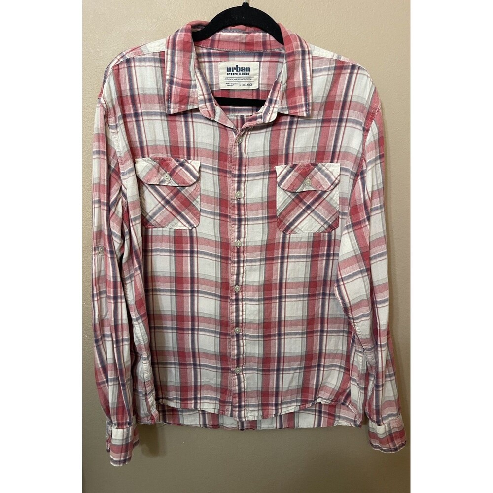Urban Pipeline Men's Long Sleeve Shirt Blue Plaid, Large, 100% Cotton Size XXL